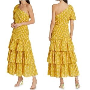 NEW Veronica Beard Virginia One Shoulder Maxi Dress Puff Sleeve Tiered Ruffle